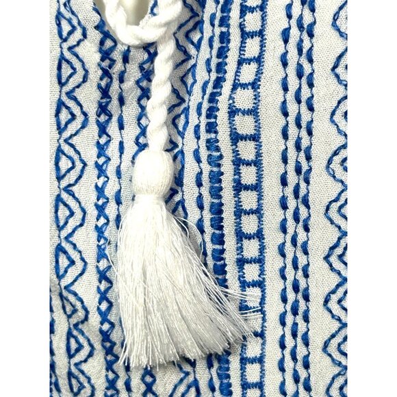 Susan Graver Tunic Top L White Blue Embroidered Boho Cottage V-Neck Rope Tassels - Picture 9 of 11